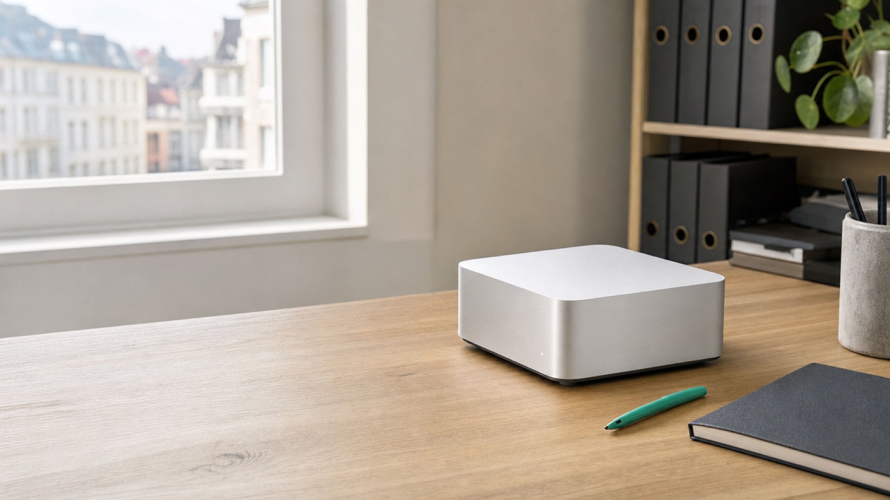 A compact aluminium computer on a wooden desk in a small office, a notebook and a mint pen beside it.