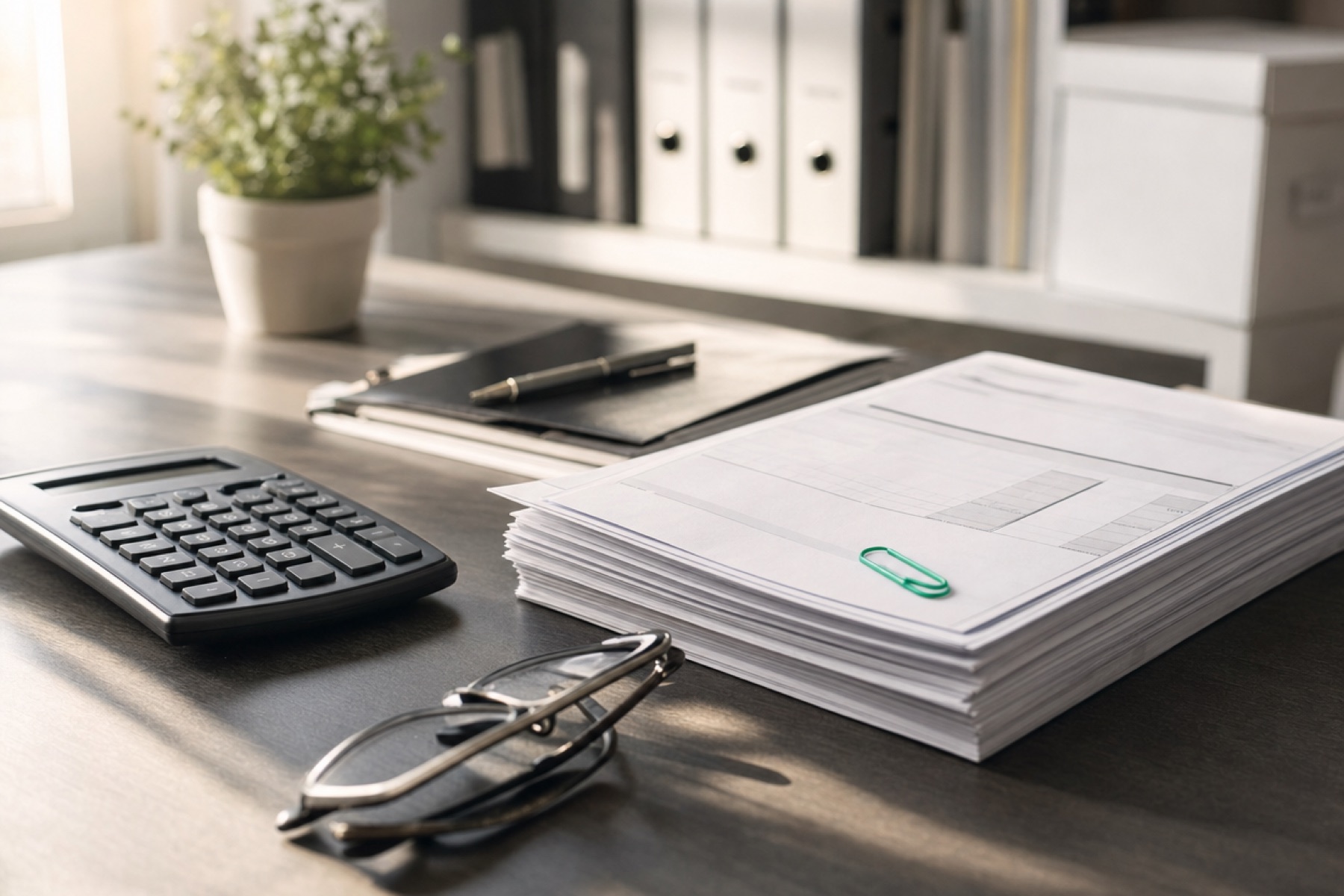 An accountant’s desk with a stack of invoices, a calculator and reading glasses.