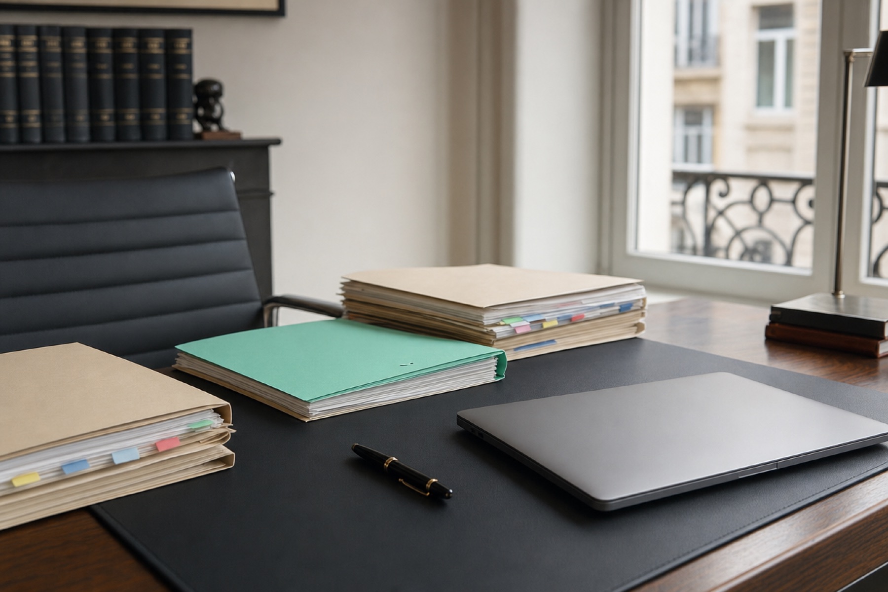 A lawyer’s desk with case files, a fountain pen and a closed laptop.