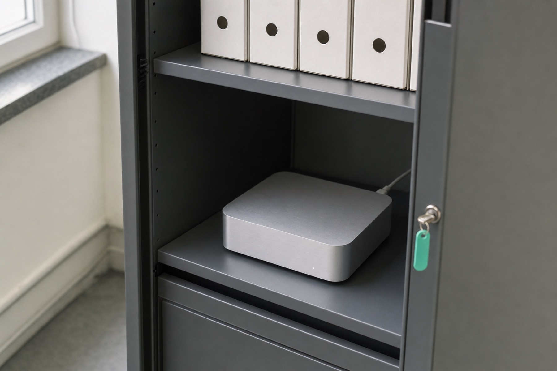 A compact aluminium computer on a shelf inside a lockable steel office cabinet, one network cable plugged in, a key with a mint tag in the lock.
